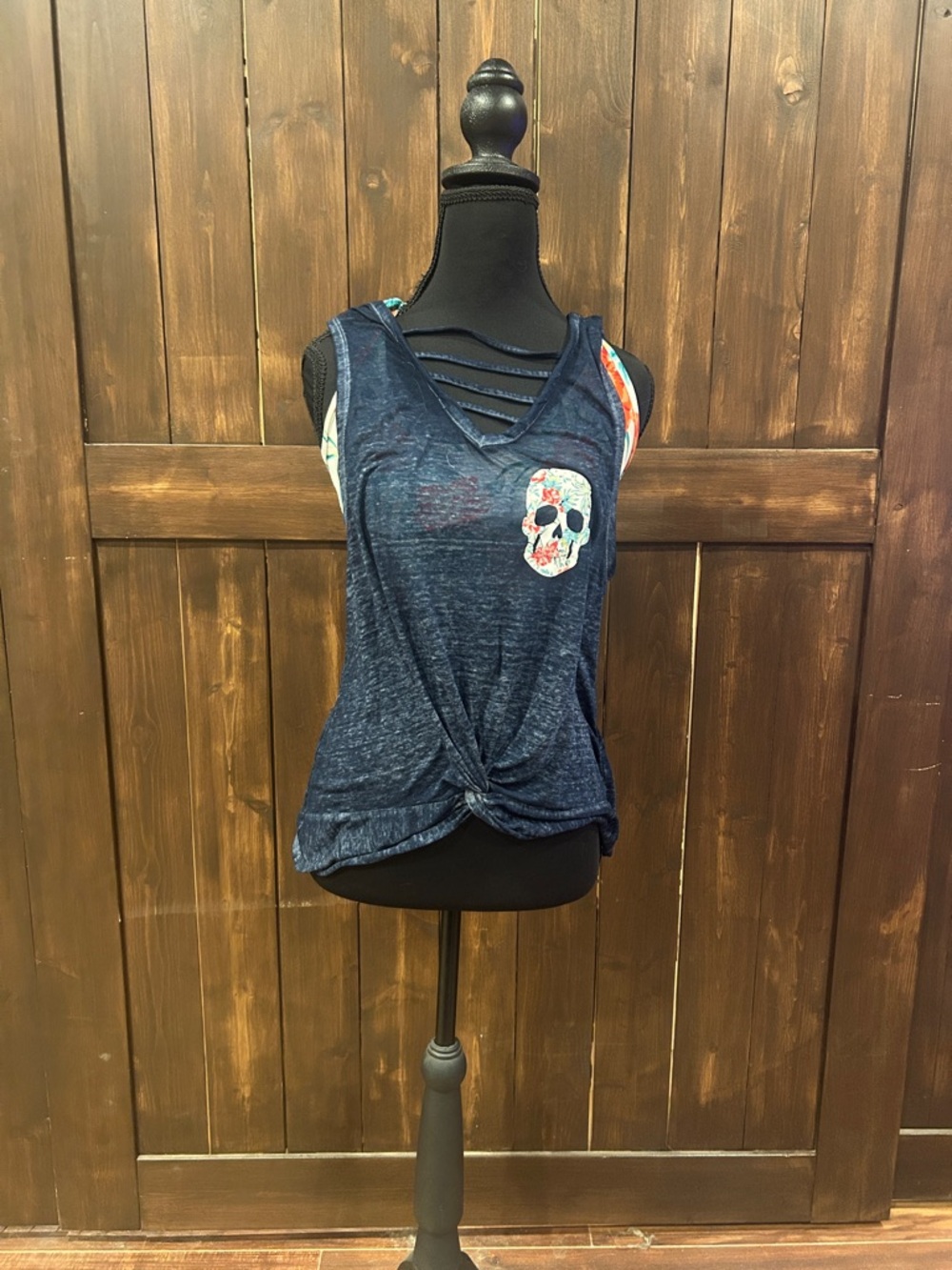 No Boundaries Navy Floral Skull Strappy Twist-Front Tank